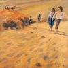 women coming up from beach