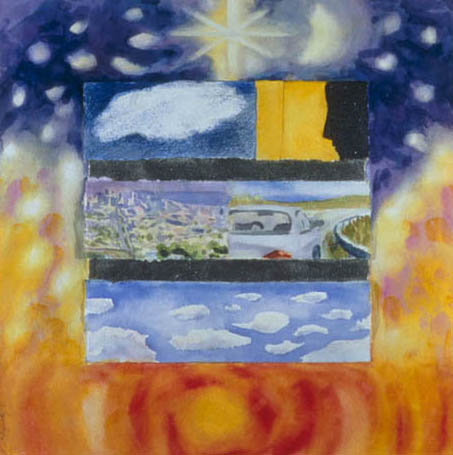 <i>Journey</i> is a mixed media paper collage that I did when I first started visiting California.